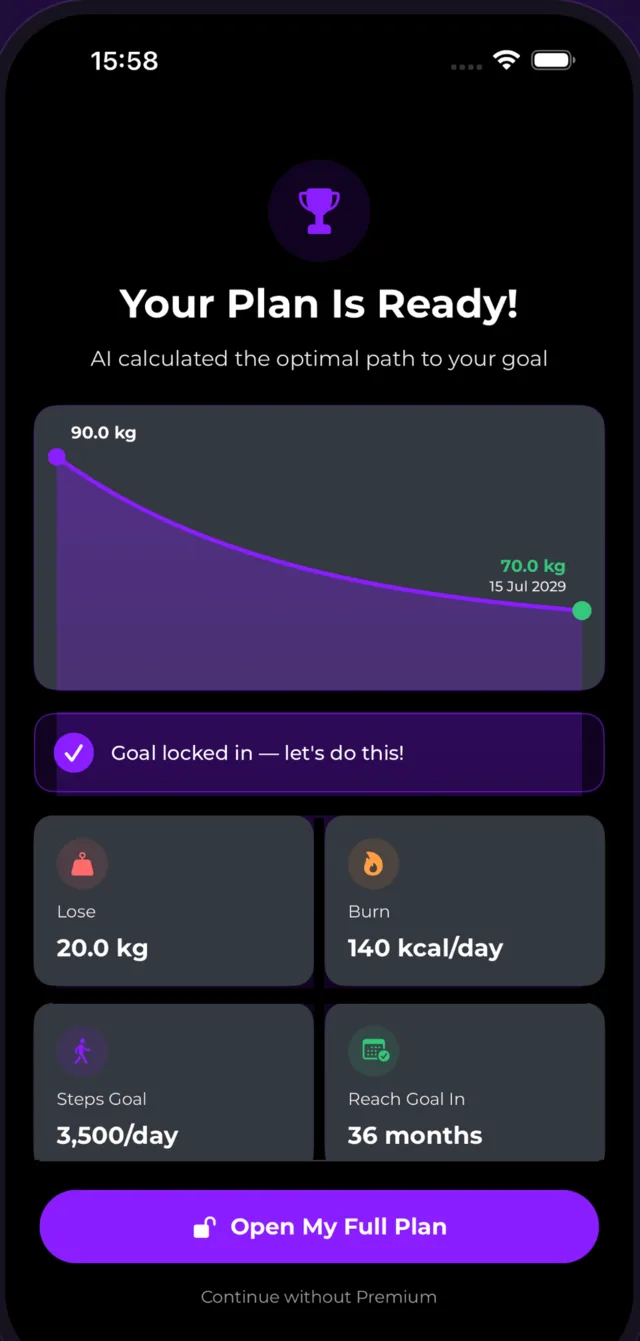 Steplio personal plan — weight loss curve from 90 kg to 70 kg